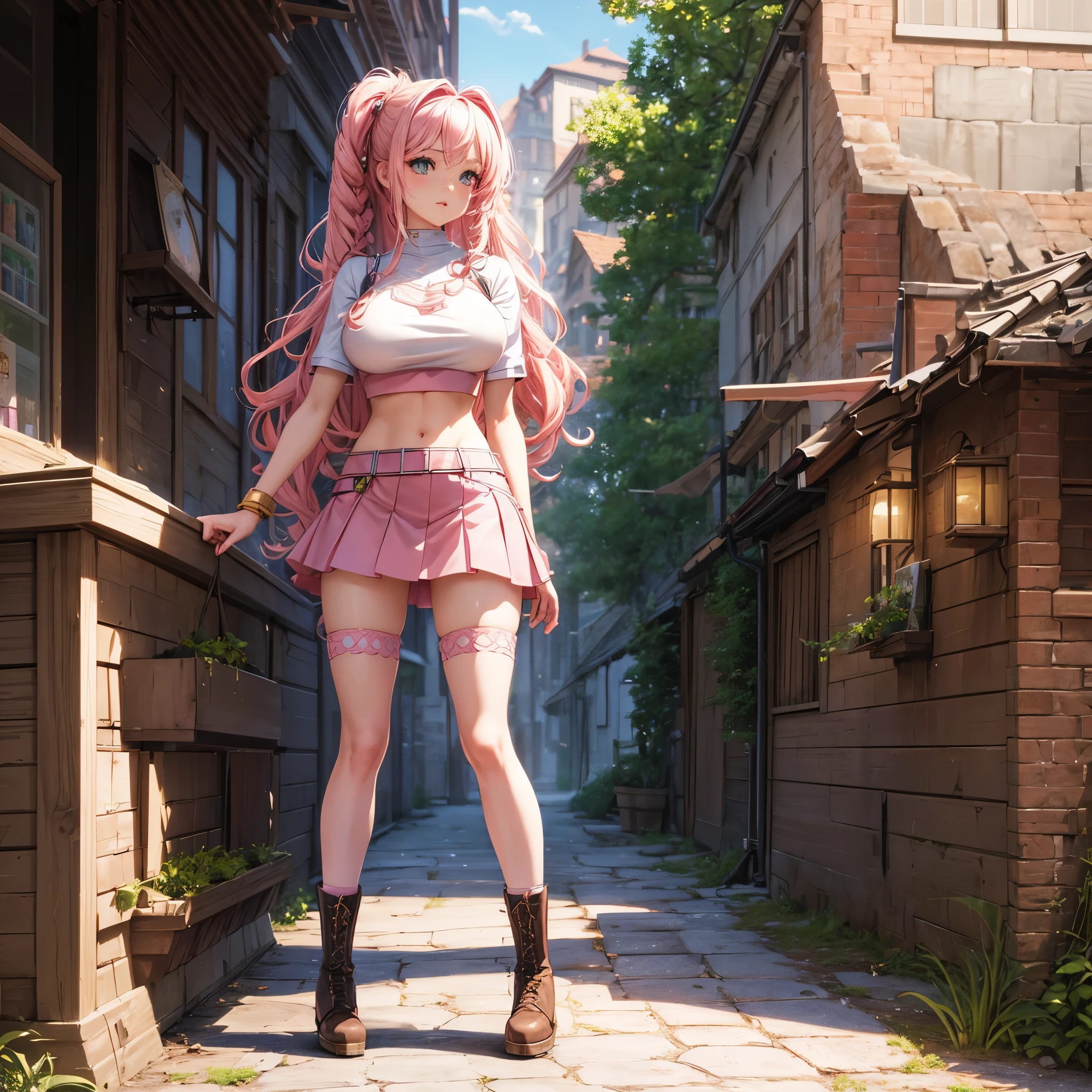 high resolution, best quality, masterpiece, very high image quality, ultra-detailed, hyperrealistic, 3d, anime, illustrations, fantasy, hard rock girl, very beautiful cute, pink wavy hair, side braid, crop top, large breasts, miniskirt, knee high socks, engineer boots, 