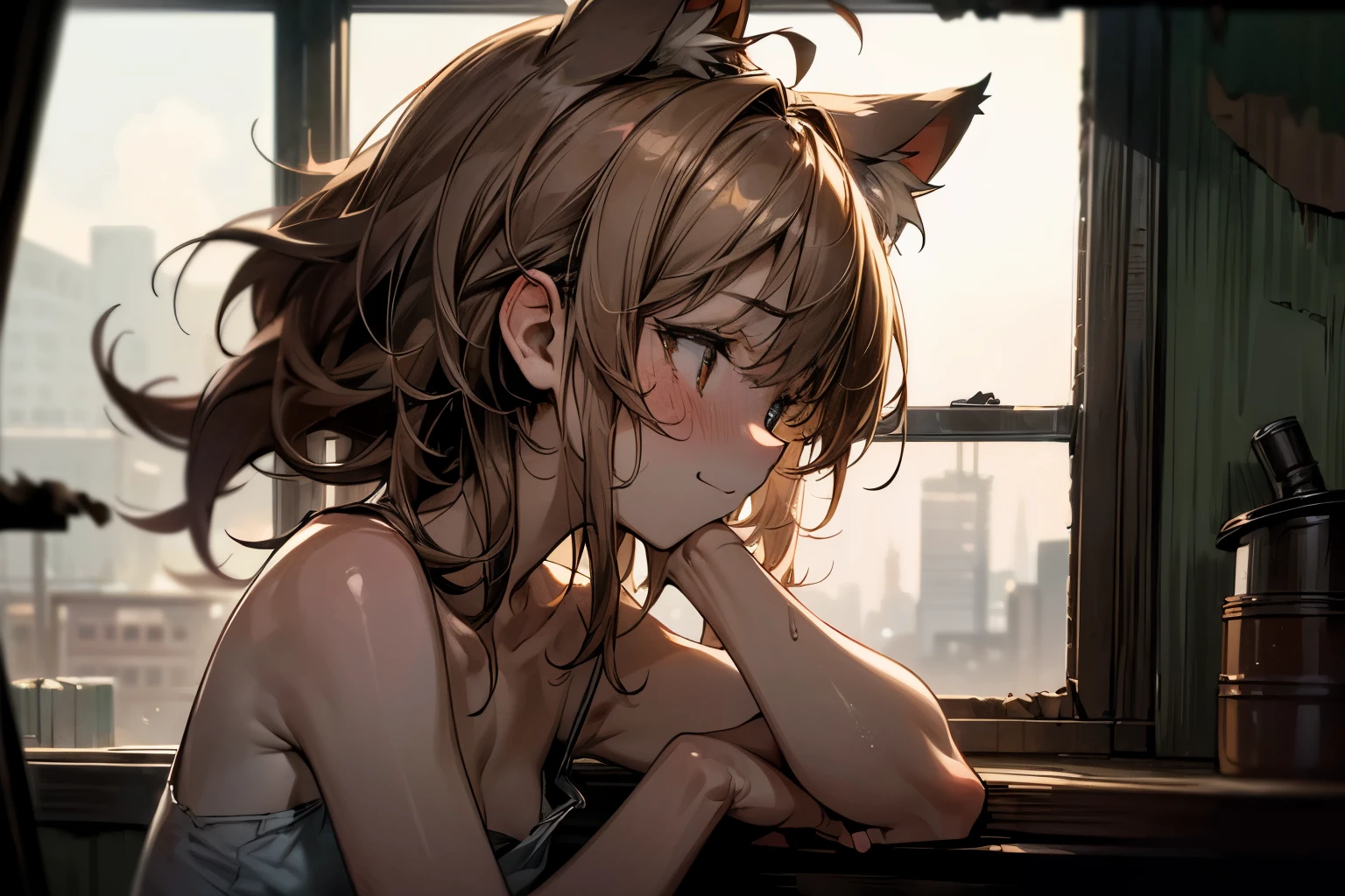 ((Masterpiece)), ((best quality)), ((midnight sky)), 8K, face-up portrait, profile of face, (very messy hair), very sweaty, (slightly exposed nipples), tattered and torn dirty white-camisole, Slender small breasts, (blush and sad smile), Textured skin, cat ears, pale brown hair, Cute Beautiful girl, (look out window), slum
