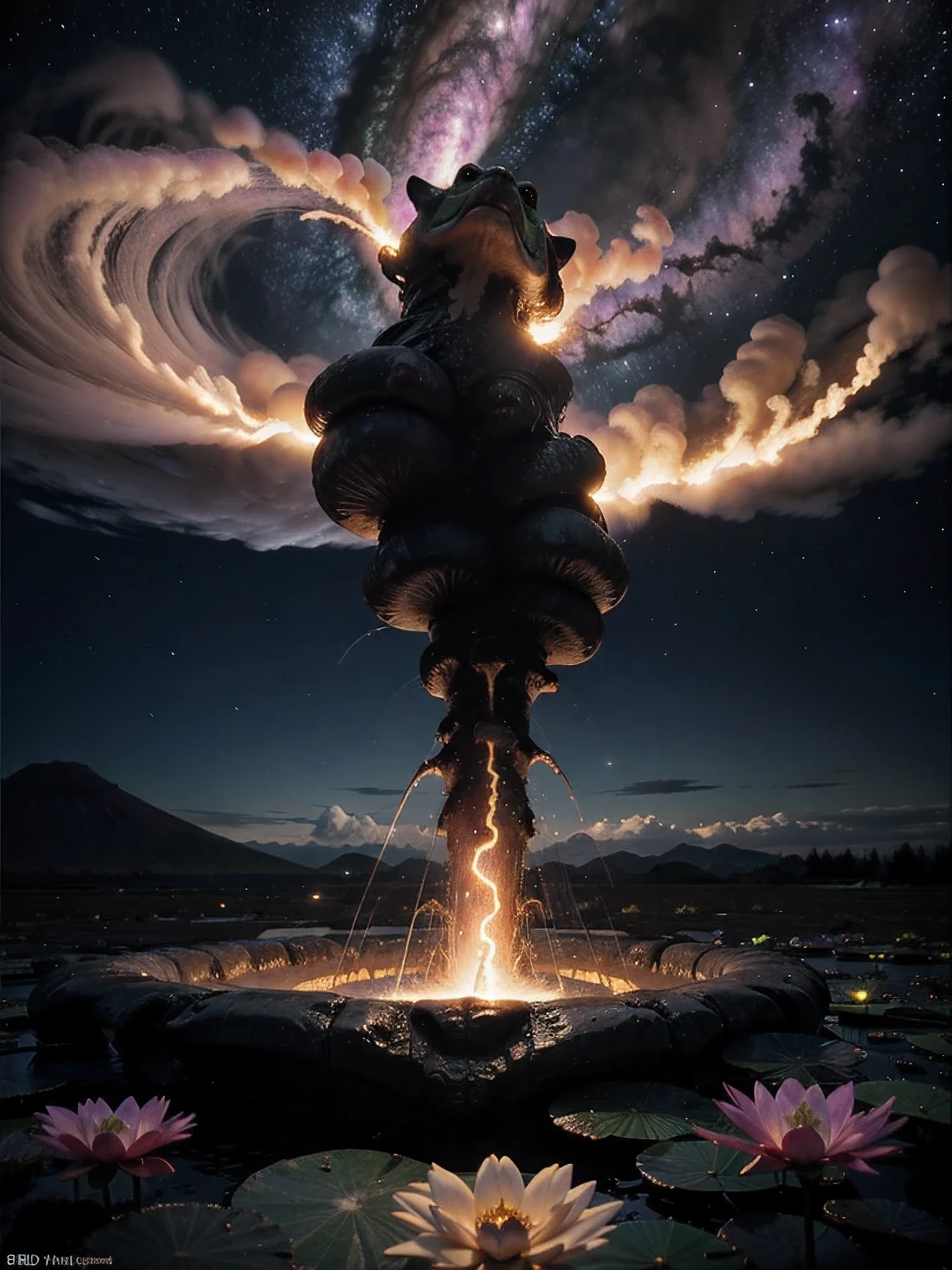 realistic. 8k. 3d. masterpiece. trippy. lucid. dmt. lsd. extreme lighting. volcano violently erupting lava and smoke. surrounded by beautiful pond full of lily pads and purple lotus flowers. frog on lily pad. background is space with bolts of purple lightning illuminating the sky. galaxy backdrop