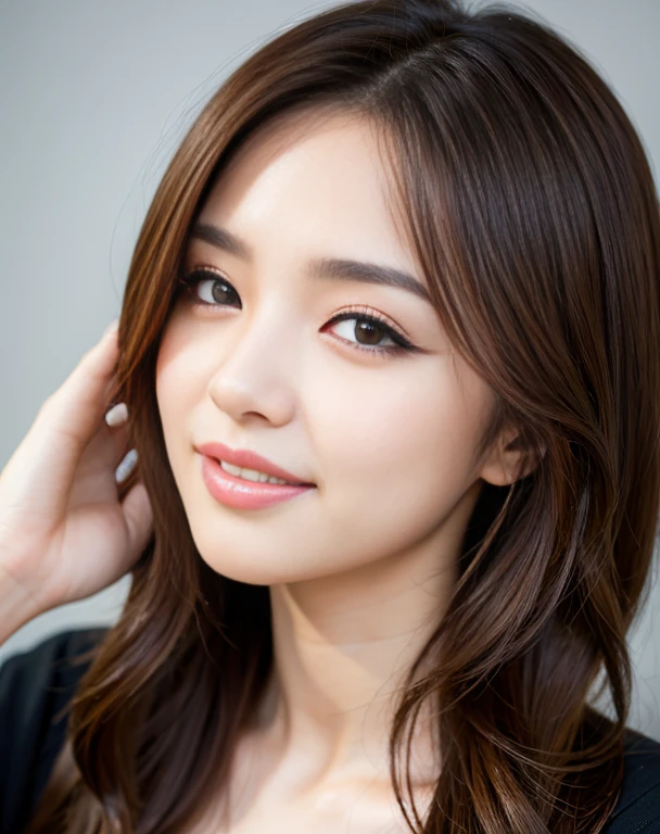 beautiful,K-POP idol,japanese idol,japanese actress,High resolution,beautiful skin,8K,RAW photo,highest quality,masterpiece,realistic,photo-realistic,clear,professional lighting,beautiful顔,highest quality,超High resolution,sexy,beautiful唇,white teeth,beautiful歯列,smile,1 girl, (thick eyeliner), light brown hair, Natural-looking makeup, dark eye shadow, extremely thin eyebrows, Highlight your eyes with eyeliner,wavy hair,