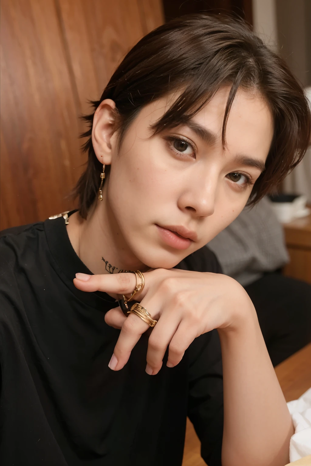 there's a young man with a ring on his finger, cai xukun, Lee Yongbok, Kim Doyoung, delicate androgynous prince, Felix, hyung tae, handsome androgynous prince, Jimin\the right eyelid is swollen, com dedo indicador, sakimichan, felix stray kids, cabelo preto, sardas marrons pelo rosto, ponta do nariz vermelha