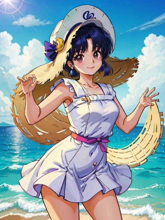 akane tendo, ocean, barandilla, vestido blanco, sombrero para el sol, Sonrisa, pechos grandes, pose coqueta.