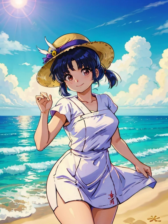 akane tendo, ocean, barandilla, vestido blanco, sombrero para el sol, Sonrisa, pechos grandes, pose coqueta.