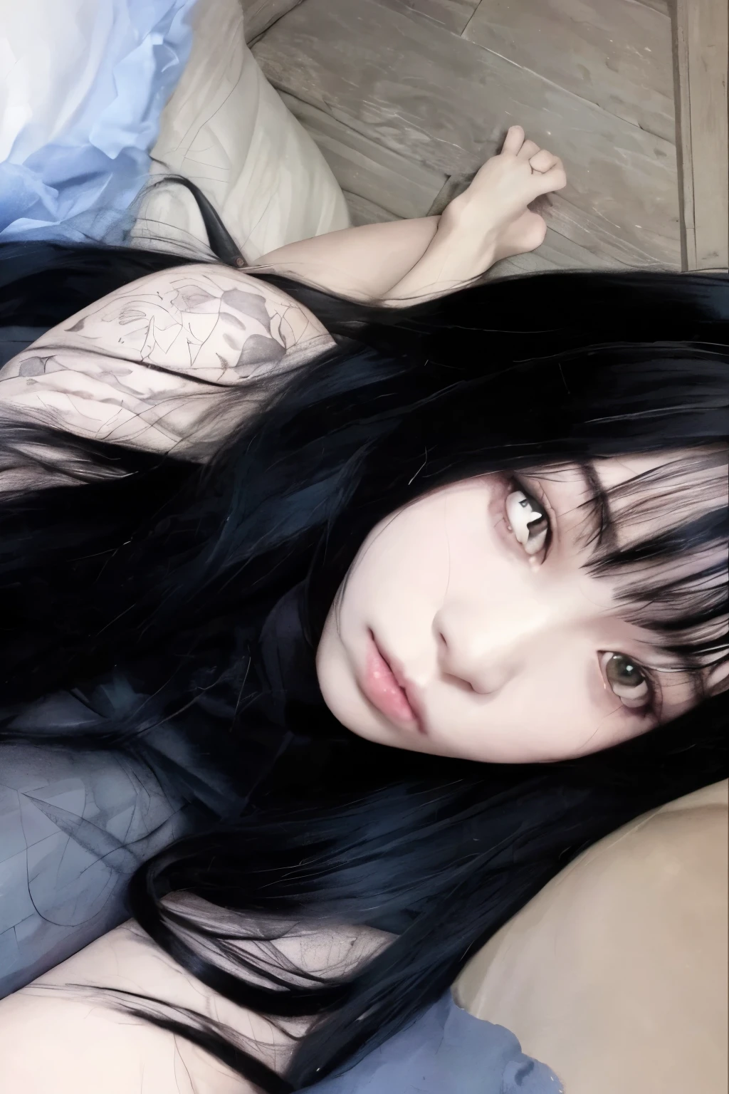Arafed Asian woman with long black hair lying on a sofa, sui ishida con cabello negro, pelo cortado hime negro, ella tiene el pelo negro con flequillo, ulzzang, 1 7 year old anime gothic girl, pelo largo y negro con flequillo, cruel korean gothic girl, shikami, pale gothic beauty, cabello con flequillo negro