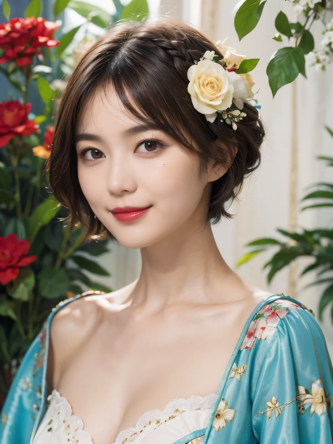 148
(20 year old woman,Floral costume), (surreal), (High resolution), ((beautiful hairstyle 46)), ((short hair:1.46)), (gentle smile), (breasted:1.1), (lipstick)