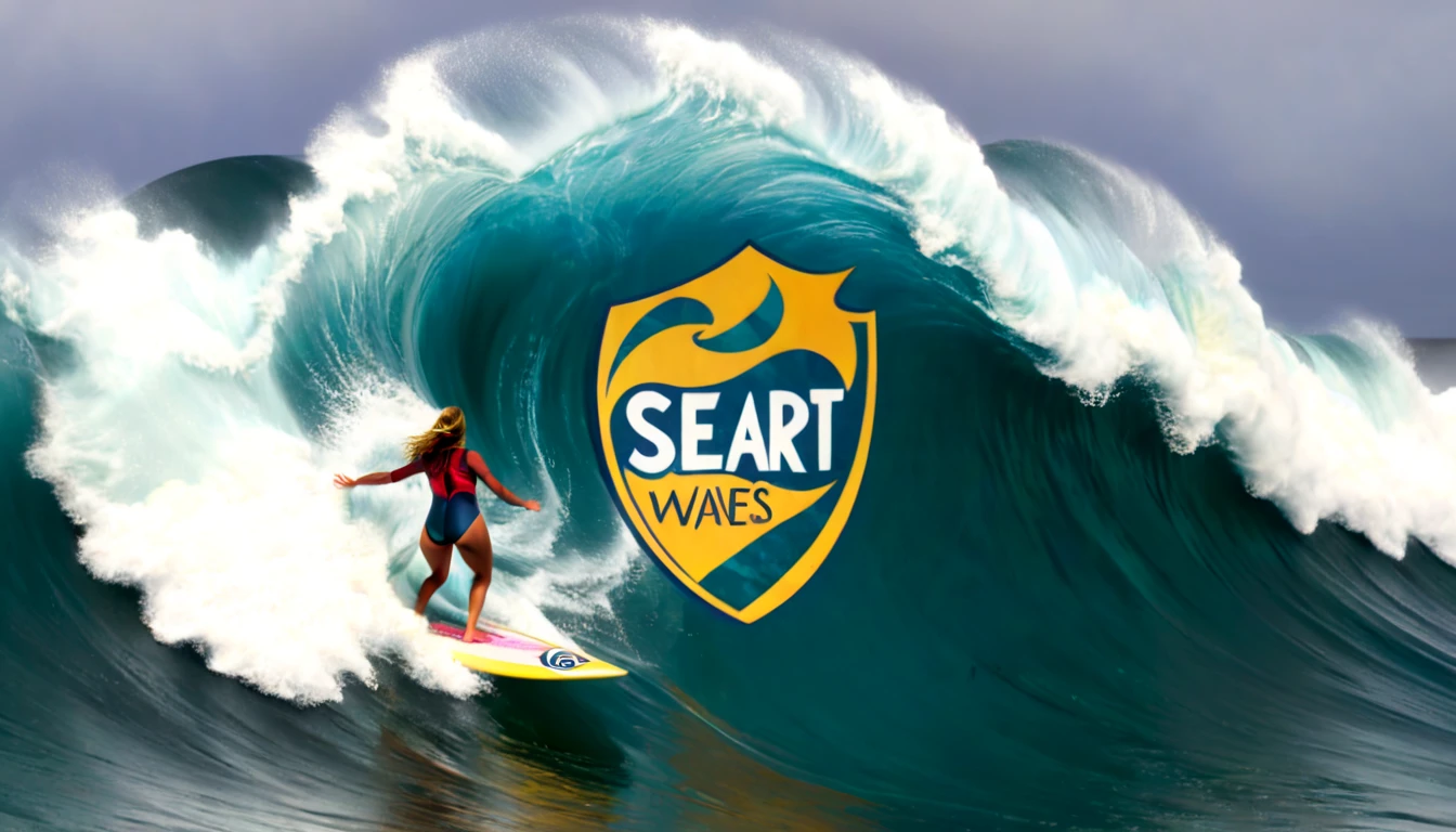 A woman surfs a giant wave, she makes a turn on the wave in such a way that we see the shield that has her surfboard on the back, on the ((shield there is a text that says, "seaart.")) sun, waves, risk, 360 degrees, surf, beach, exciting,(best quality, highres), [warrior], [(black and gold colors:0.9)], [(intricate patterns:0.9)], [(divine power:0.9)], [(ancient Egyptian symbols:0.9)], [(mystical aura:0.9)], [(shimmering gold accents:0.9)], [(fierce warriors:0.9)], [(sacred geometry:0.9)], [origami], [zentangle], [(on the battlefield:0.9)], [(epic:0.9)], [(ancestral:0.9)].