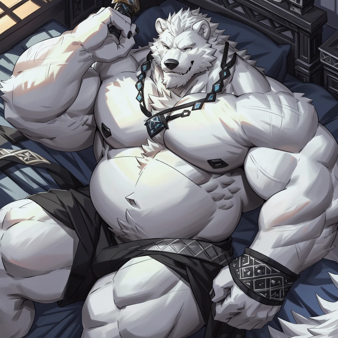 Aix:detailed sword,Detailed hands,Detailed hands指,Strong chubby furry male white wolf bear swordsman,Detailed RPG background,white hair,Black beard,huge strong arms,Huge and strong chest muscles,huge strong belly,Smile,super detailed,intricate details,Sunlight,Lying in bed