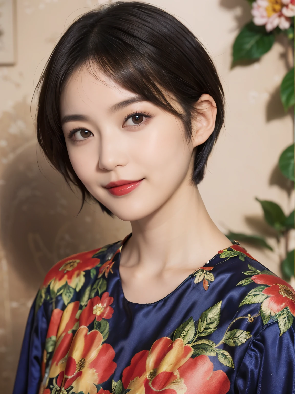 148
(20 year old woman,Floral costume), (surreal), (High resolution), ((beautiful hairstyle 46)), ((short hair:1.46)), (gentle smile), (breasted:1.1), (lipstick)
