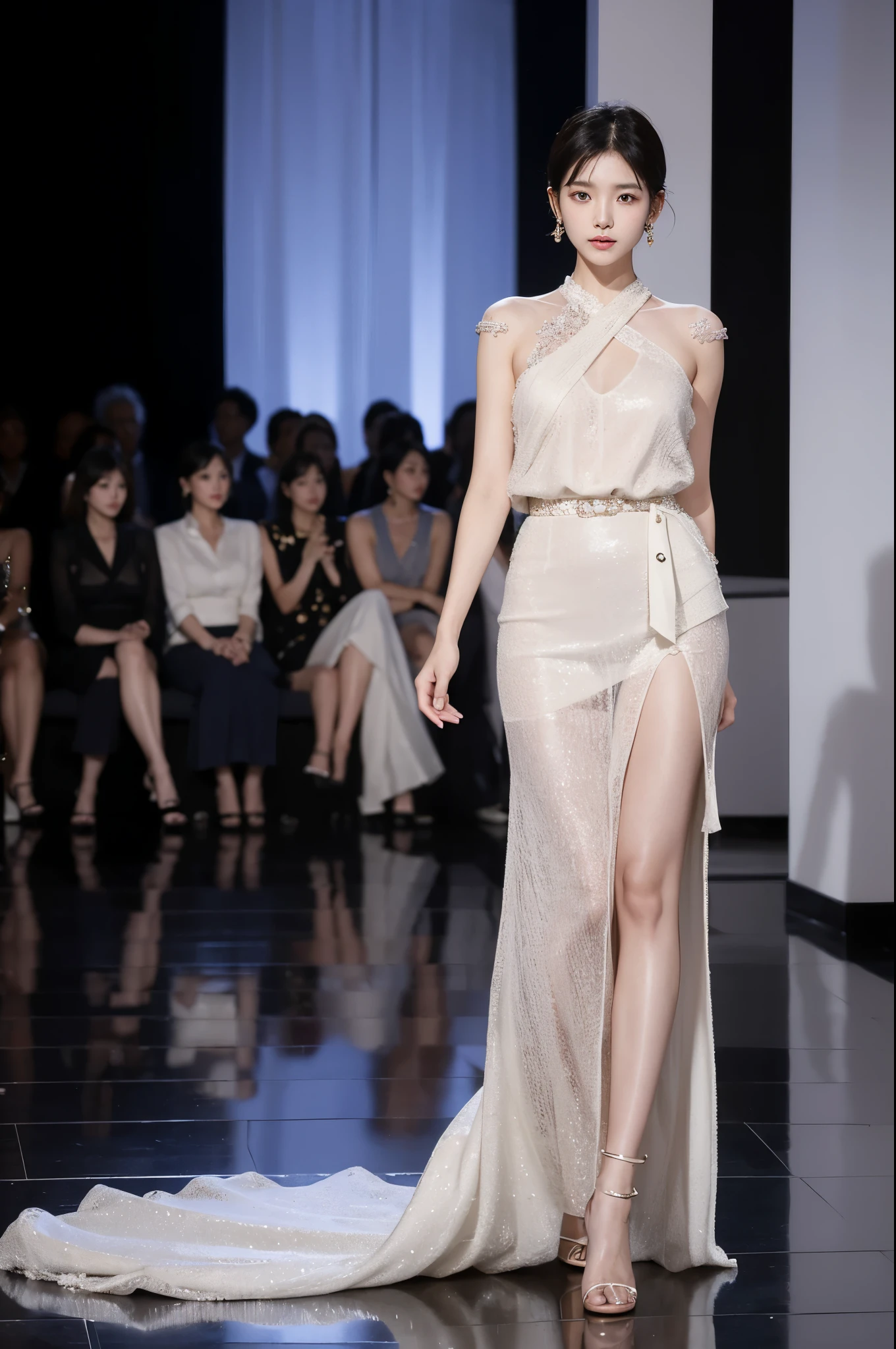8K high-definition,Beautiful model walking on the catwalk,Perform modeling steps。Wear stylish dresses, light purple outfit,Rose long dress,Princess dress,Gorgeous vintage court style dress,Long skirt,maxiskirt,Large hem,The hem of the long skirt is close to the floor,The style is a fashion week haute couture dress,Advanced customization,Private customization,Fashion show model,Big show,There are tulle jewelry on the skirt。A necklace is worn around his neck,short detailed hair,Hair coiled up,Headwear,largeeyes,Very beautiful and moving,There is only one female model,Women make up a large percentage of the picture,The catwalk is covered with roses,The background is covered with roses,The female model had a smile on her face,standing on your feet,The posture is elegant and dignified,Realistic photo images