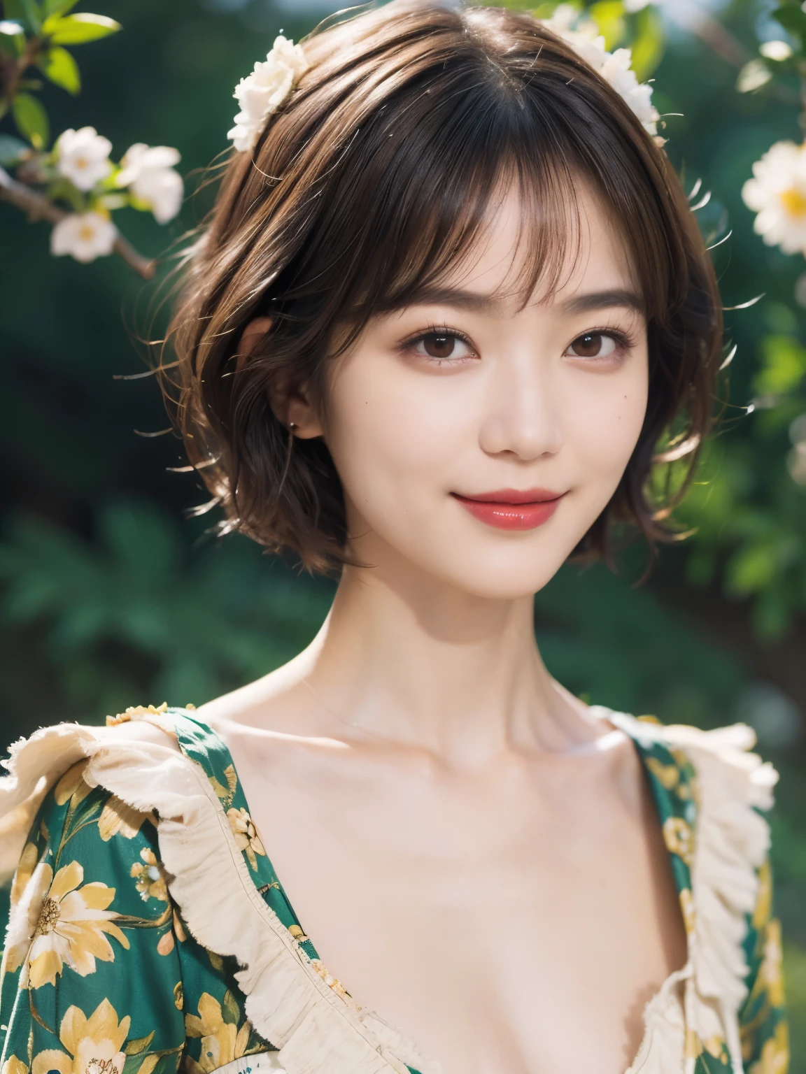 148
(20 year old woman,Floral costume), (surreal), (High resolution), ((beautiful hairstyle 46)), ((short hair:1.46)), (gentle smile), (breasted:1.1), (lipstick)
