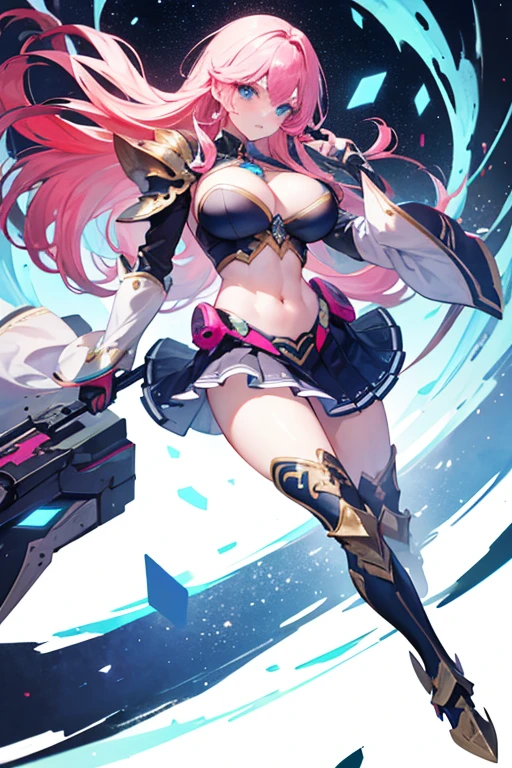 Masterpiece, Top Quality, Very Beautiful Girl, Beautiful Face and Eyes, Beautiful Hair, Solo, 1 Woman, Full Body Drawing, Dynamic Angle, (Armor: 1), pink Hair, Long Hair, Navel Out, Skirt, Perfect Bust, Taut Breasts, Amazing Bust, Huge Breasts, Tall, blue eyes