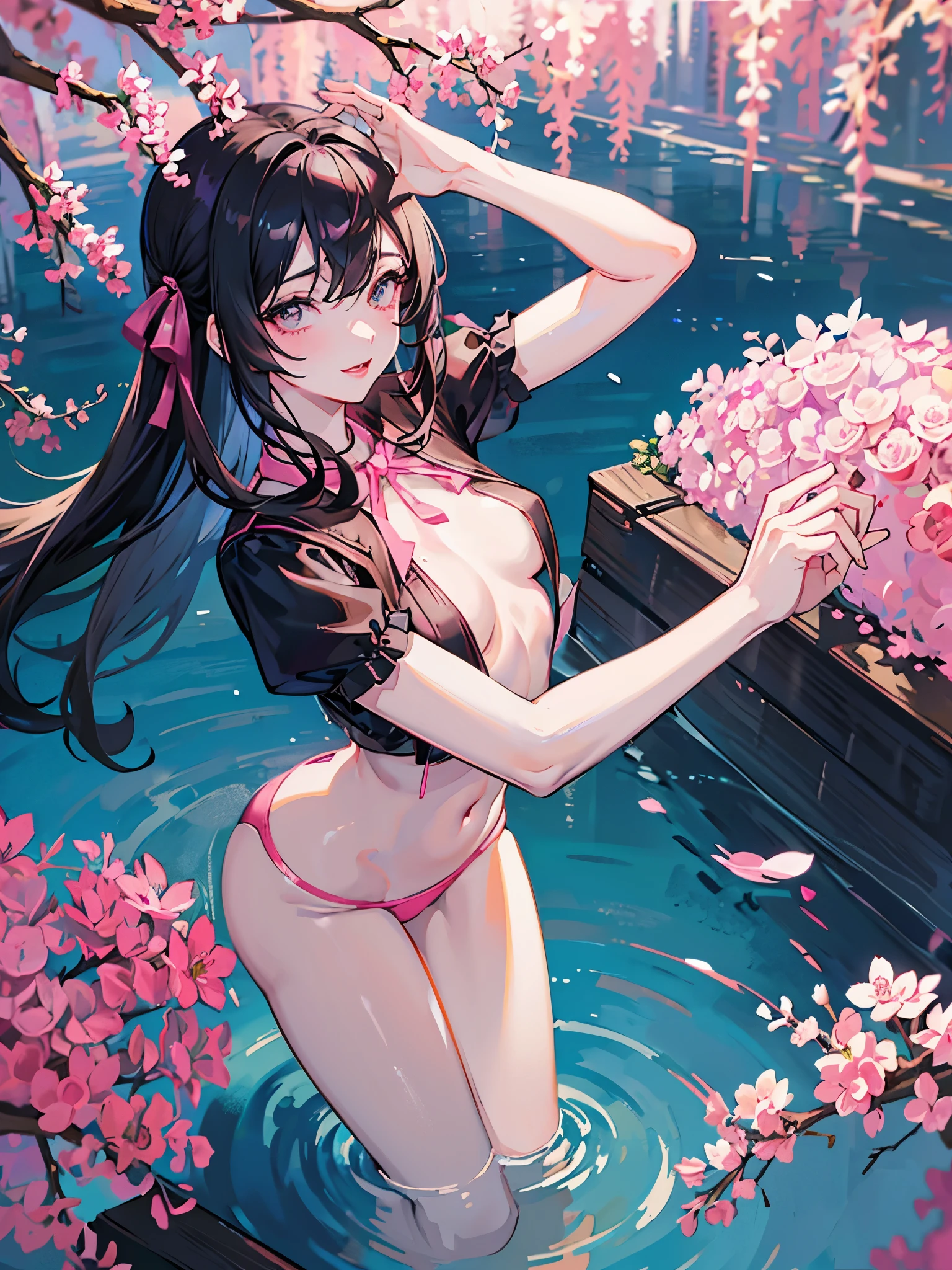 anime girl wearing pink wet clothes, realistic shadows, detailed skin, very small breasts, black hair, hair ribbon, very detailed, 8k highly detailed face, perfect face shape, perfect lips, perfect nose, correct beautiful eyes, watching viewer, masterpiece, best quality, single girl, no bra, no panties, solo