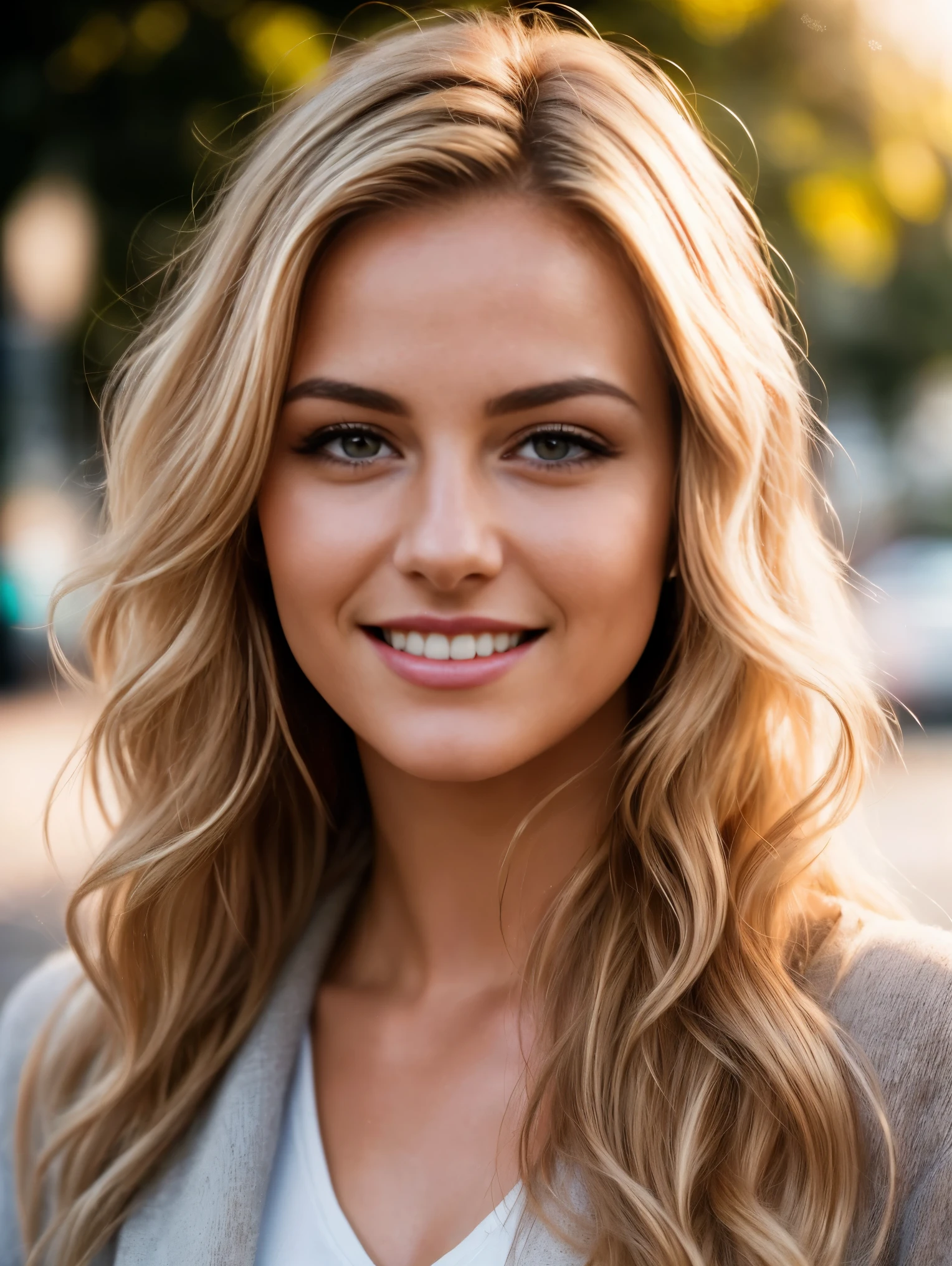 A cinematic realism image. A close-up of a gorgeous European woman, age 23, blonde wavy hair, smiling, flirting with camera, standing on the street in golden hour backlighting. Warm color palette with natural light. Realistic with cinematic photography. Masterpiece, UHD.