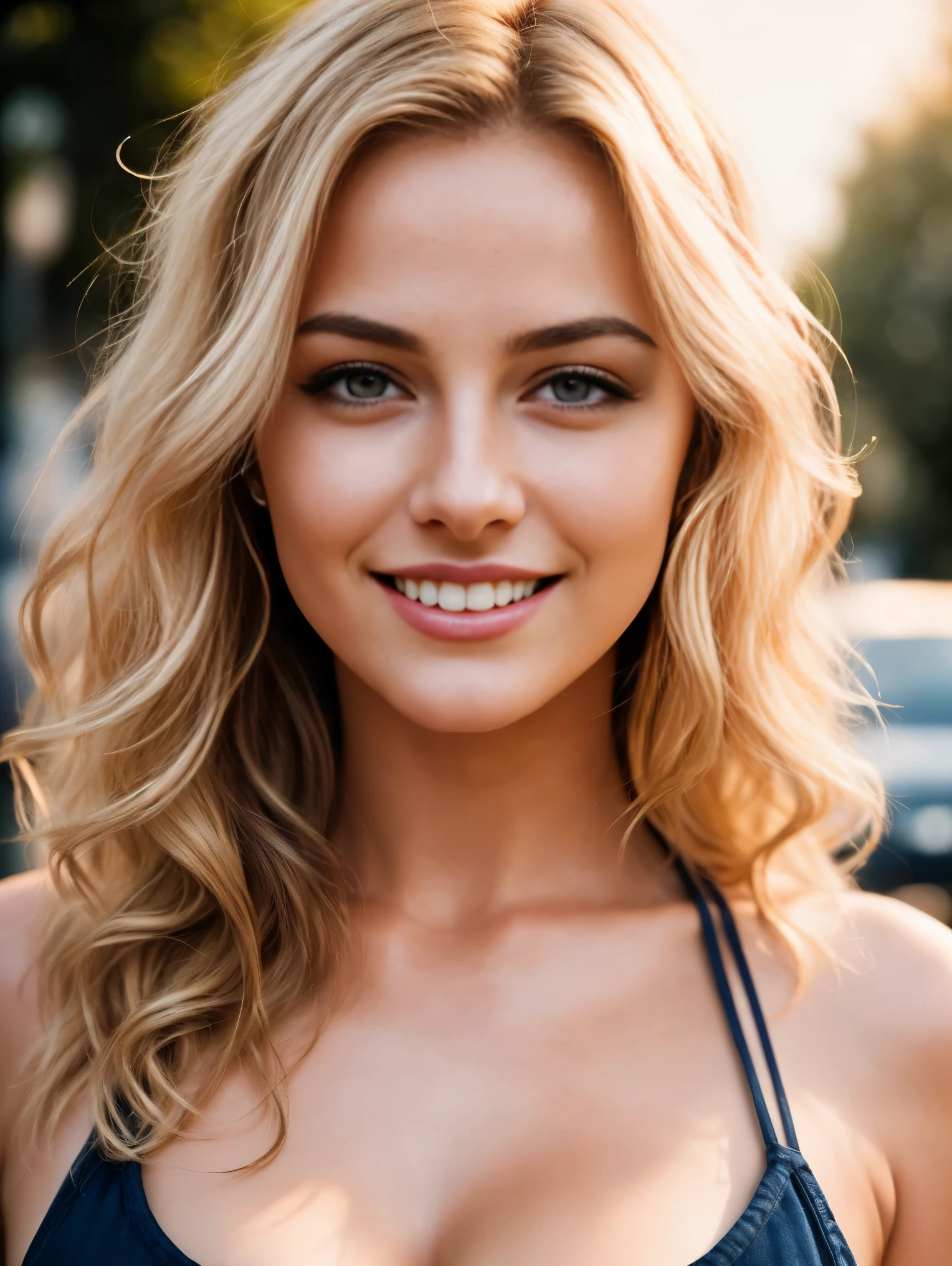 A cinematic realism image. A close-up of a gorgeous European woman, age 23, blonde wavy hair, smiling, flirting with camera, standing on the street in golden hour backlighting. Warm color palette with natural light. Realistic with cinematic photography. Masterpiece, UHD.