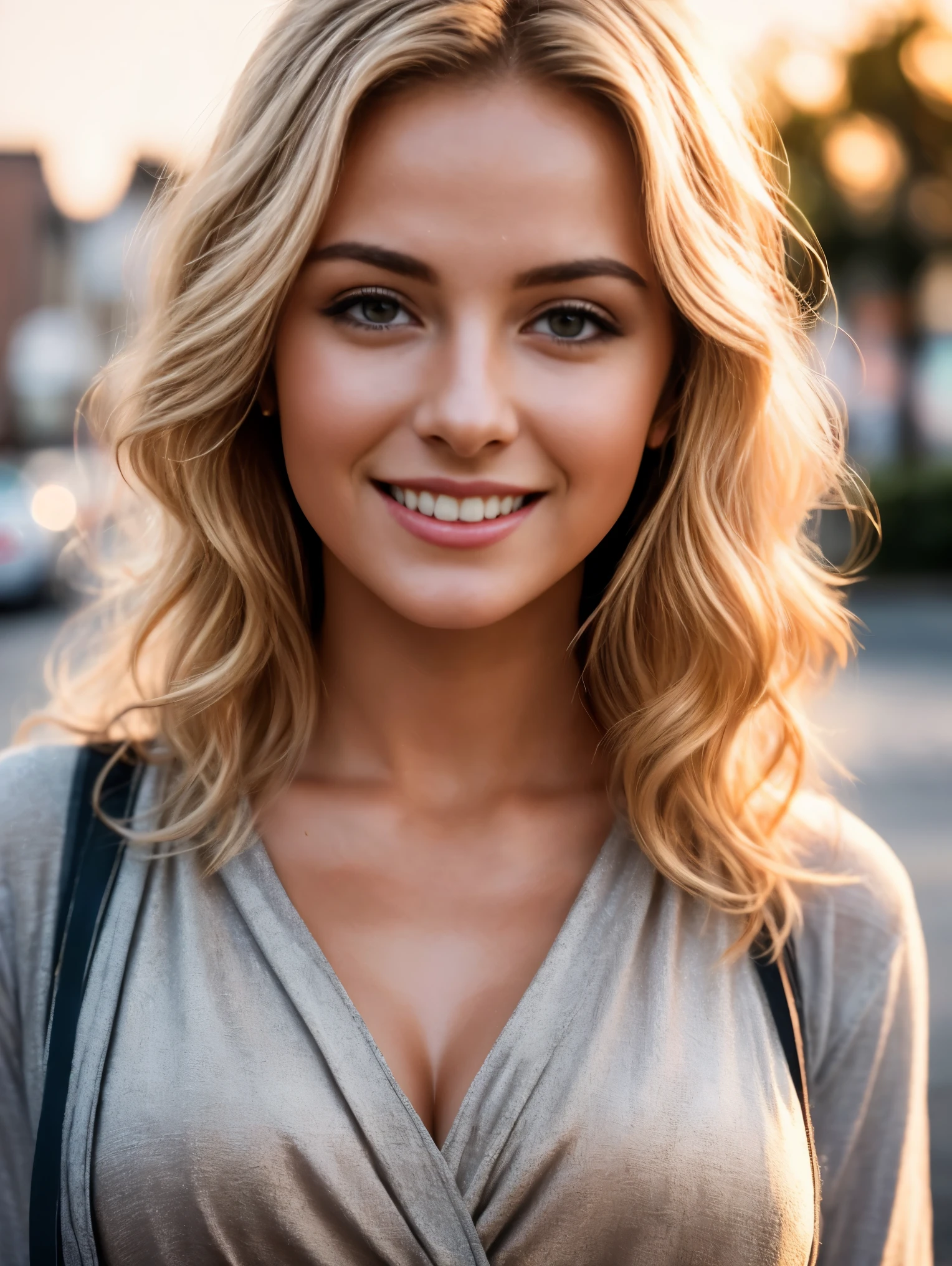 A cinematic realism image. A close-up of a gorgeous European woman, age 23, blonde wavy hair, smiling, flirting with camera, standing on the street in golden hour backlighting. Warm color palette with natural light. Realistic with cinematic photography. Masterpiece, UHD.