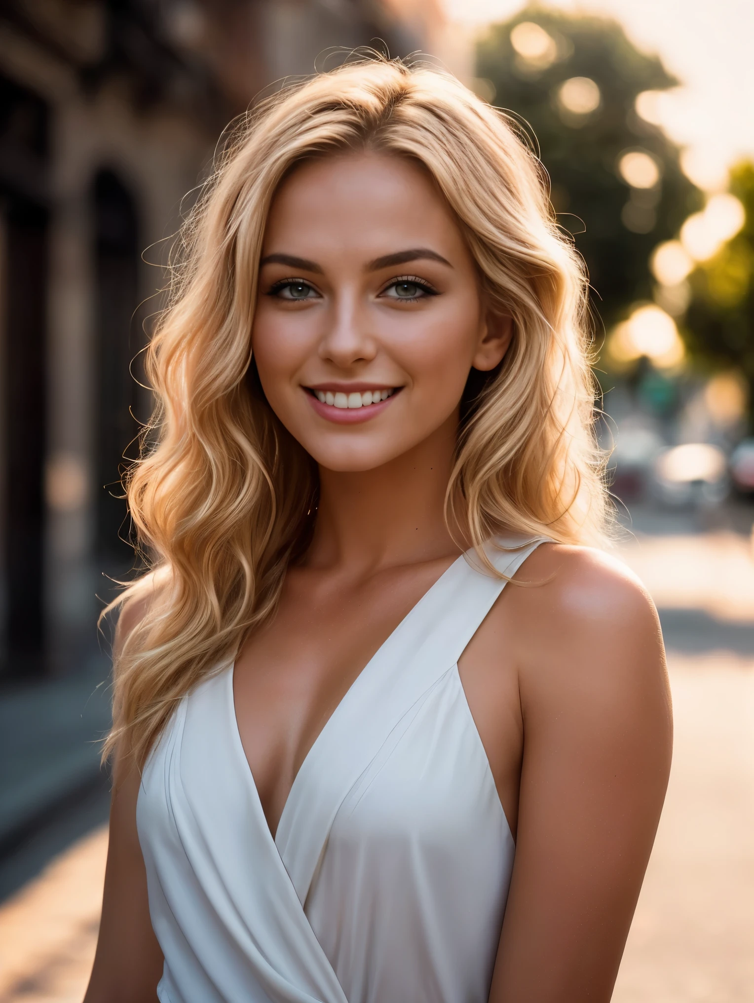  A cinematic realism image. A close-up of a gorgeous European woman, age 23, blonde wavy hair, smiling, flirting with camera, standing on the street in golden hour backlighting. Warm color palette with natural light. Realistic with cinematic photography. Masterpiece, UHD.