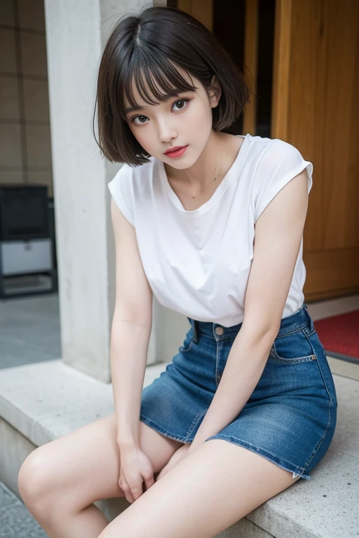 ((Best quality, 8k, Masterpiece: 1.3, raw photo)), Sharp focus: 1.2, (1 AESPA girl: 1.1), (realistic, photo-realistic:1.37), beautiful face girl, cute face, small , flat chest, brunette short messy hair, arms up, (white shirt: 1.1), long skirt, airport, station, sunlight, cinematic lighting, from below