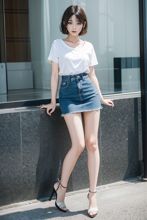 short cut hair,beautiful,K-POP idol,japanese idol,japanese actress,High resolution,beautiful skin,8K,RAW photo,highest quality,masterpiece,realistic,photo-realistic,clear,professional lighting,beautiful顔,highest quality,超High resolution,whole body,sexy,beautiful歯列, beautiful唇,denim mini skirt,high heels