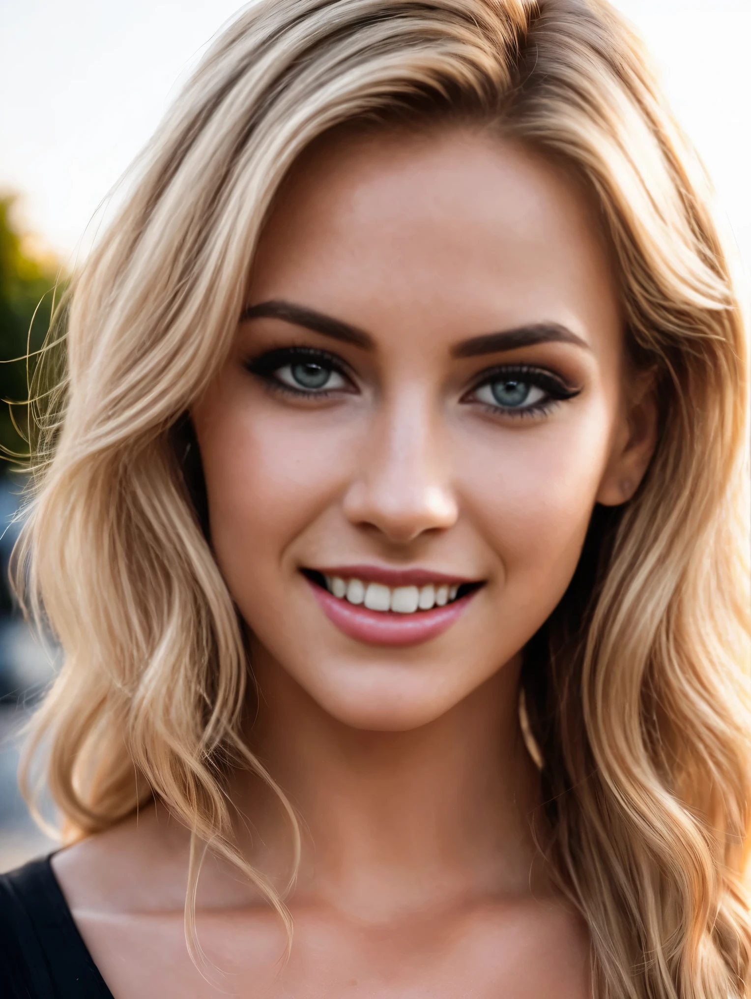 A cinematic realism image. A close-up of a gorgeous European vampire woman, age 23, blonde wavy hair, she’s a playmate, men magazine model, smiling, showing her vampire teeth, flirting with camera, standing on the street in golden hour backlighting. Warm color palette with natural light. Realistic with cinematic photography. Masterpiece, UHD. Global illumination.