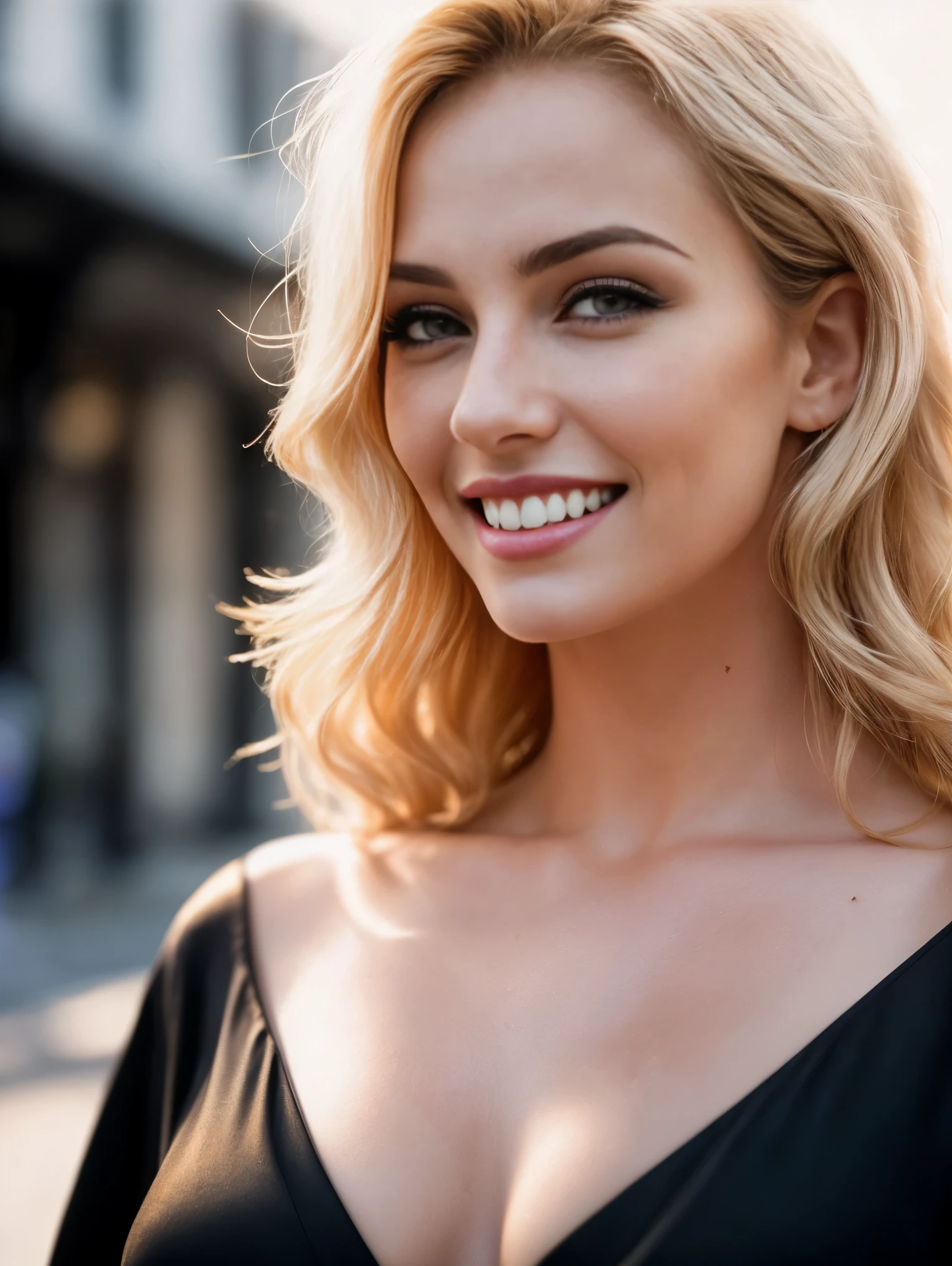  A cinematic realism image. A close-up of a gorgeous European vampire woman, age 23, blonde wavy hair, she’s a playmate, men magazine model, smiling, showing her vampire teeth, flirting with camera, standing on the street in golden hour backlighting. Warm color palette with natural light. Realistic with cinematic photography. Masterpiece, UHD. Global illumination.