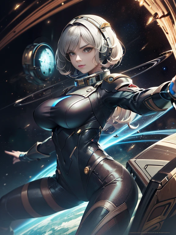 One-eyed,(Human female armor)Naval space combat suit aircraft ,Simple glass helmet,,(space backdrop,Dynamic stance,Beckoning to the camera:1.5), with clean lines,Compact,Slim overall,Conforms to the curve of a person,deep colour,There are biological ribs,There are glowing veins on the surface. A futuristic,Jet steam waves,Huge cosmic environment,EVA on the back is a mixture of carapaces, Technology, and electronics. Dramatic, Best quality, Real, Super detailed, 8K, Intricate elegance, fanciful, A detailed, Designed by Greg Rutkowski and Alphonse Mucha, Gradient lighting,