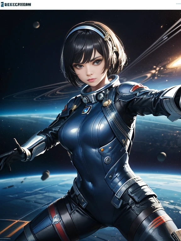 One-eyed,(Human female armor)Naval space combat suit aircraft ,Simple glass helmet,,(space backdrop,Dynamic stance,Beckoning to the camera:1.5), with clean lines,Compact,Slim overall,Conforms to the curve of a person,deep colour,There are biological ribs,There are glowing veins on the surface. A futuristic,Jet steam waves,Huge cosmic environment,EVA on the back is a mixture of carapaces, Technology, and electronics. Dramatic, Best quality, Real, Super detailed, 8K, Intricate elegance, fanciful, A detailed, Designed by Greg Rutkowski and Alphonse Mucha, Gradient lighting,