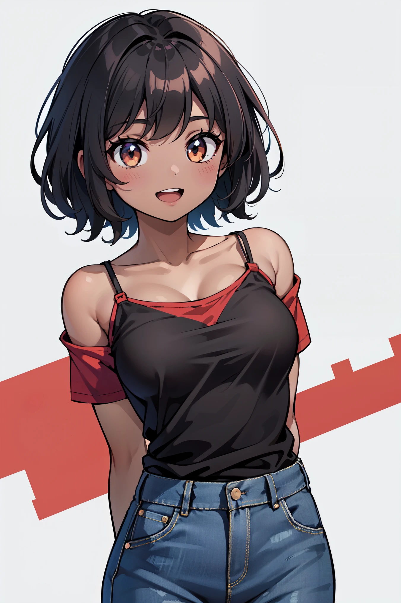 1girl, solo, medium breasts, happy, smile, (dark skin: 1.05), black hair, short hair, pixie cut, wavy hair, amber eyes, smile, open mouth, happy, (t-shirt, red shirt, camisole, jeans), looking at viewer, standing, ((arms behind back)), upper body, close-up, white background, simple bg, cg society, ultra detailed, masterpiece, best quality, 8k, 