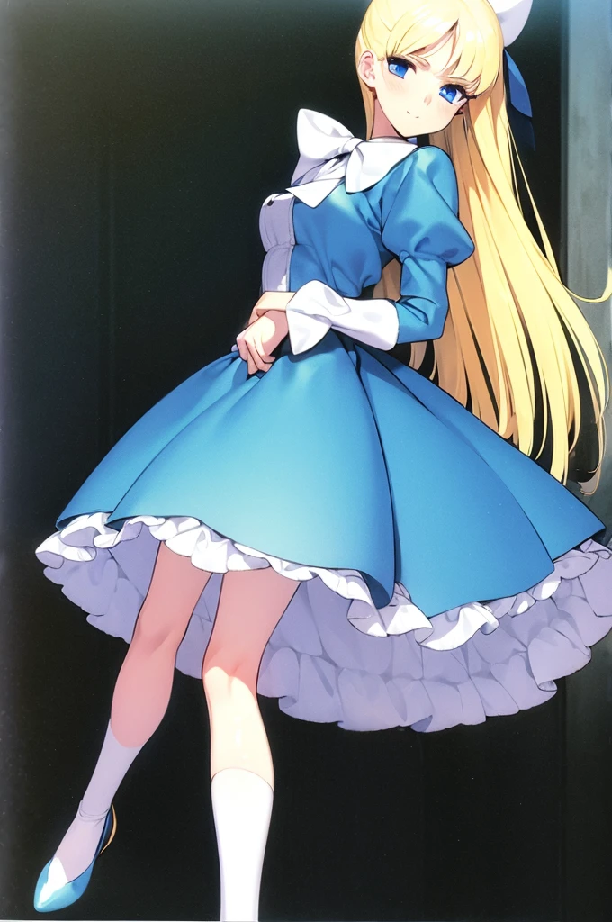 1girl, yellow hair, long hair, white bow hair, skinny, small breast, blue eyes, white shirt, large lantern sleeves, long blue sailor collar, large coral bow on the shirt, coral shirt cuffs, blue high-waisted skirt, blue pleated skirt, white stripe on the skirt, white stockings, black shoes, full body, classroom