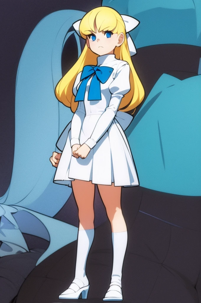 1girl, yellow hair, long hair, white bow hair, skinny, small breast, blue eyes, white shirt, large lantern sleeves, long blue sailor collar, large coral bow on the shirt, coral shirt cuffs, blue high-waisted skirt, blue pleated skirt, white stripe on the skirt, white stockings, black shoes, full body, classroom