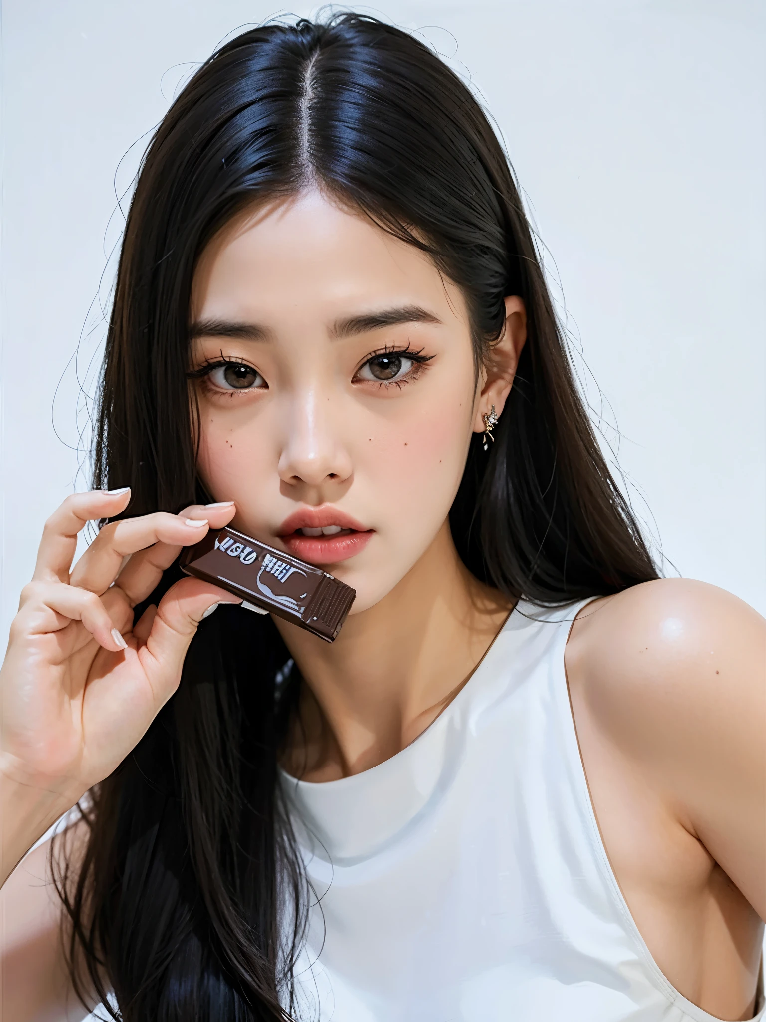 una mujer sosteniendo una barra de chocolate en la mano y mirando a la cámara, jennie rosa negro, maquillaje popular de corea del sur, maquillaje coreano popular, jossi de blackpink, gongbi, parque roseanne de blackpink, portrait of jossi de blackpink, jaeyeon nam, lee ji - eun, lee ji-eun, Jinyoung Shin, heonhwa choe, jia