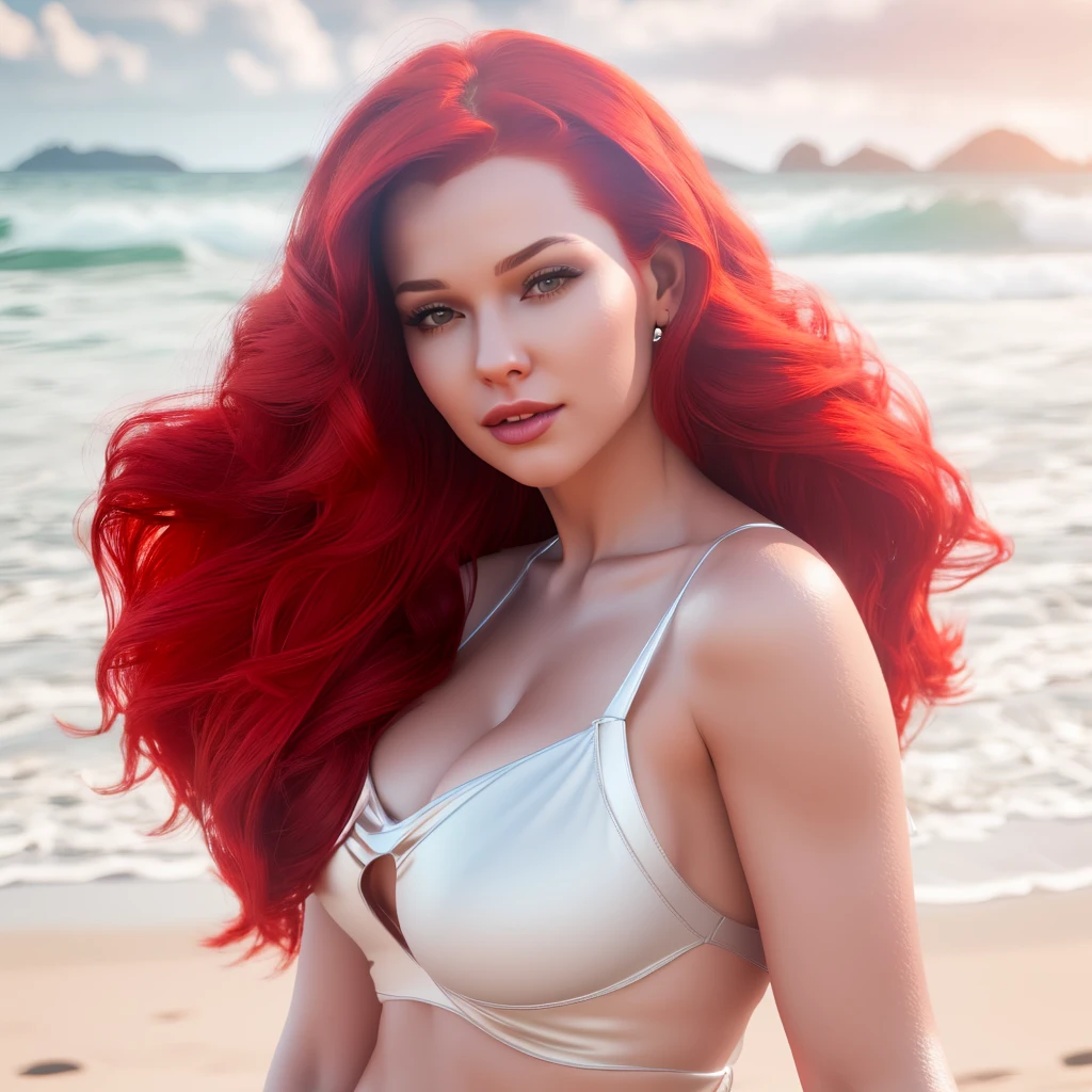 a woman with long red hair standing on a beach next to the ocean, soft portrait shot 8 k, smooth 3d cg render, daz studio genesis iray ultra hd, beautiful redhead woman, redhead girl, wlop. 4 k, wlop glossy skin, deviantart artstation cgscosiety, wlop and ross tran, beautiful girl model