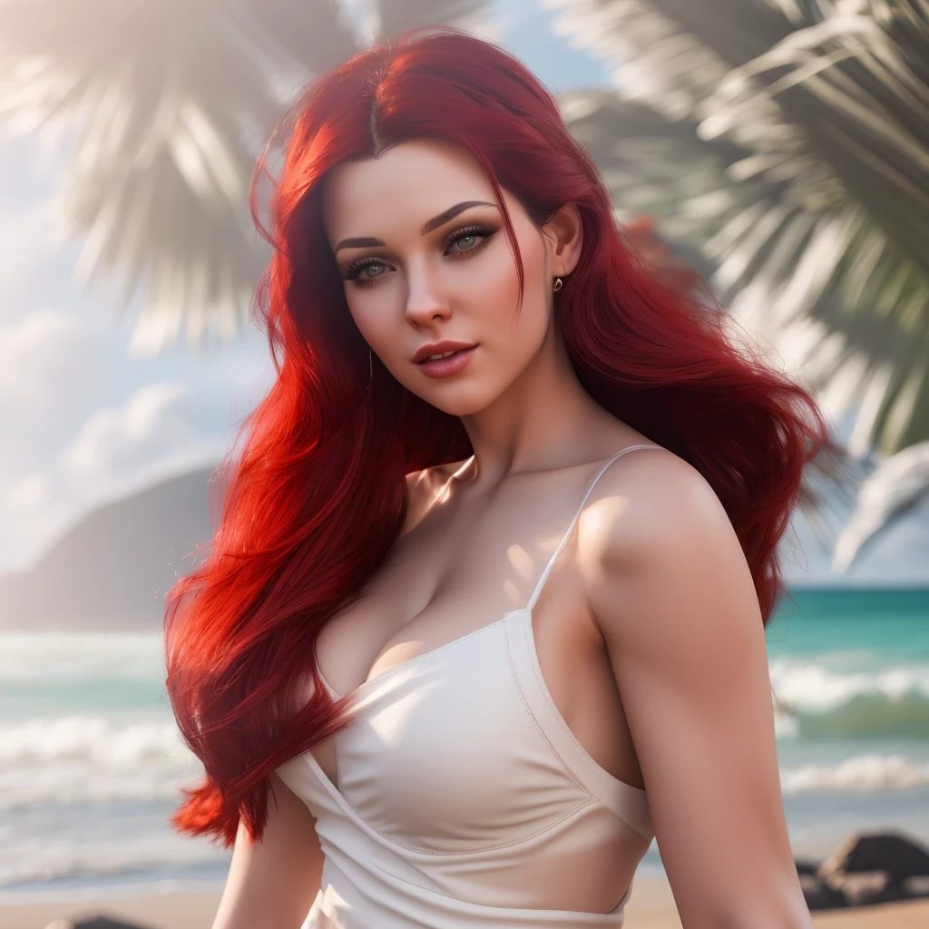 a woman with long red hair standing on a beach next to the ocean, soft portrait shot 8 k, smooth 3d cg render, daz studio genesis iray ultra hd, beautiful redhead woman, redhead girl, wlop. 4 k, wlop glossy skin, deviantart artstation cgscosiety, wlop and ross tran, beautiful girl model