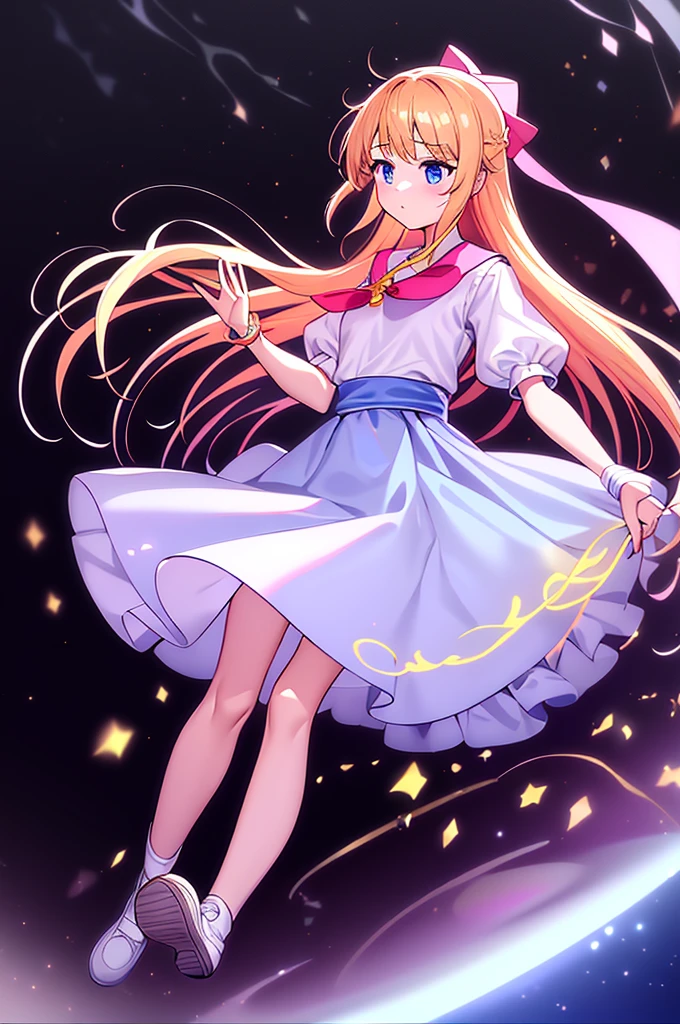 1girl, yellow hair, long hair, white bow hair, skinny, small breast, blue eyes, white shirt, large lantern sleeves, long blue sailor collar, large coral bow on the shirt, coral shirt cuffs, blue high-waisted skirt, blue pleated skirt, white stripe on the skirt, white stockings, black shoes, full body, classroom