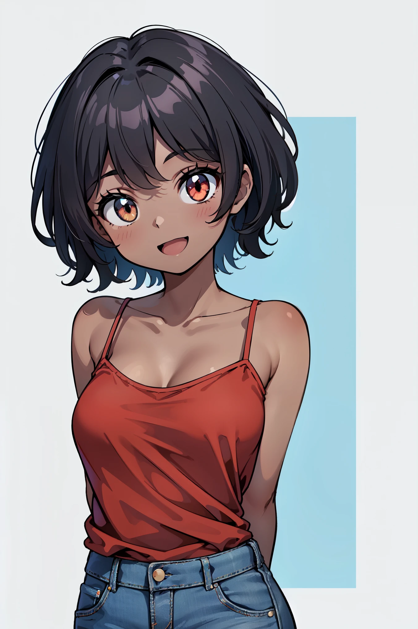 1girl, solo, medium breasts, happy, smile, (dark skin: 1.05), black hair, short hair, pixie cut, wavy hair, amber eyes, smile, open mouth, happy, (t-shirt, red shirt, camisole, jeans), looking at viewer, standing, ((arms behind back)), upper body, close-up, white background, simple bg, cg society, ultra detailed, masterpiece, best quality, 8k,