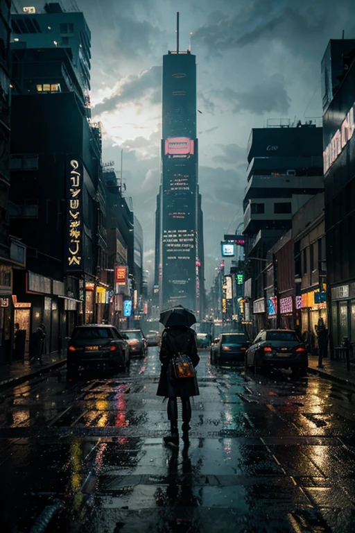 best quality,4k,8k,highres,masterpiece:1.2,ultra-detailed,realistic:1.37,cyberpunk urban,neon-filled streets,futuristic cityscape,glowing skyscrapers,technological advancements,holographic advertisements,flying cars,electric blue color palette,nighttime ambiance,vivid colors,sharp focus,city in the rain,reflective surfaces,blurred motion lights,hovering drones,dystopian atmosphere,grimy alleyways,steam rising from manholes,mysterious figures in trench coats,cybernetic enhancements,smoky vapor,high-tech gadgets,glimmering city lights,heavy rain pouring from dark clouds,electricity sparks,imposing architecture,abandoned industrial buildings,rumbling thunder in the distance,glitchy visual distortions,omnipresent surveillance cameras,subtle neon reflections on wet pavement,shadowy figures lurking in the corners,striking contrast between light and darkness,high-tech computer screens,hustle and bustle of crowded streets,imposing mega-corporate logos illuminating the skyline.