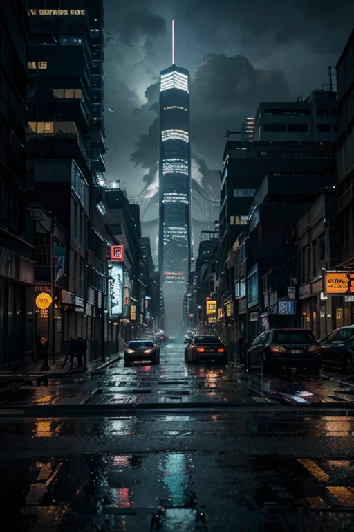 best quality,4k,8k,highres,masterpiece:1.2,ultra-detailed,realistic:1.37,cyberpunk urban,neon-filled streets,futuristic cityscape,glowing skyscrapers,technological advancements,holographic advertisements,flying cars,electric blue color palette,nighttime ambiance,vivid colors,sharp focus,city in the rain,reflective surfaces,blurred motion lights,hovering drones,dystopian atmosphere,grimy alleyways,steam rising from manholes,mysterious figures in trench coats,cybernetic enhancements,smoky vapor,high-tech gadgets,glimmering city lights,heavy rain pouring from dark clouds,electricity sparks,imposing architecture,abandoned industrial buildings,rumbling thunder in the distance,glitchy visual distortions,omnipresent surveillance cameras,subtle neon reflections on wet pavement,shadowy figures lurking in the corners,striking contrast between light and darkness,high-tech computer screens,hustle and bustle of crowded streets,imposing mega-corporate logos illuminating the skyline.