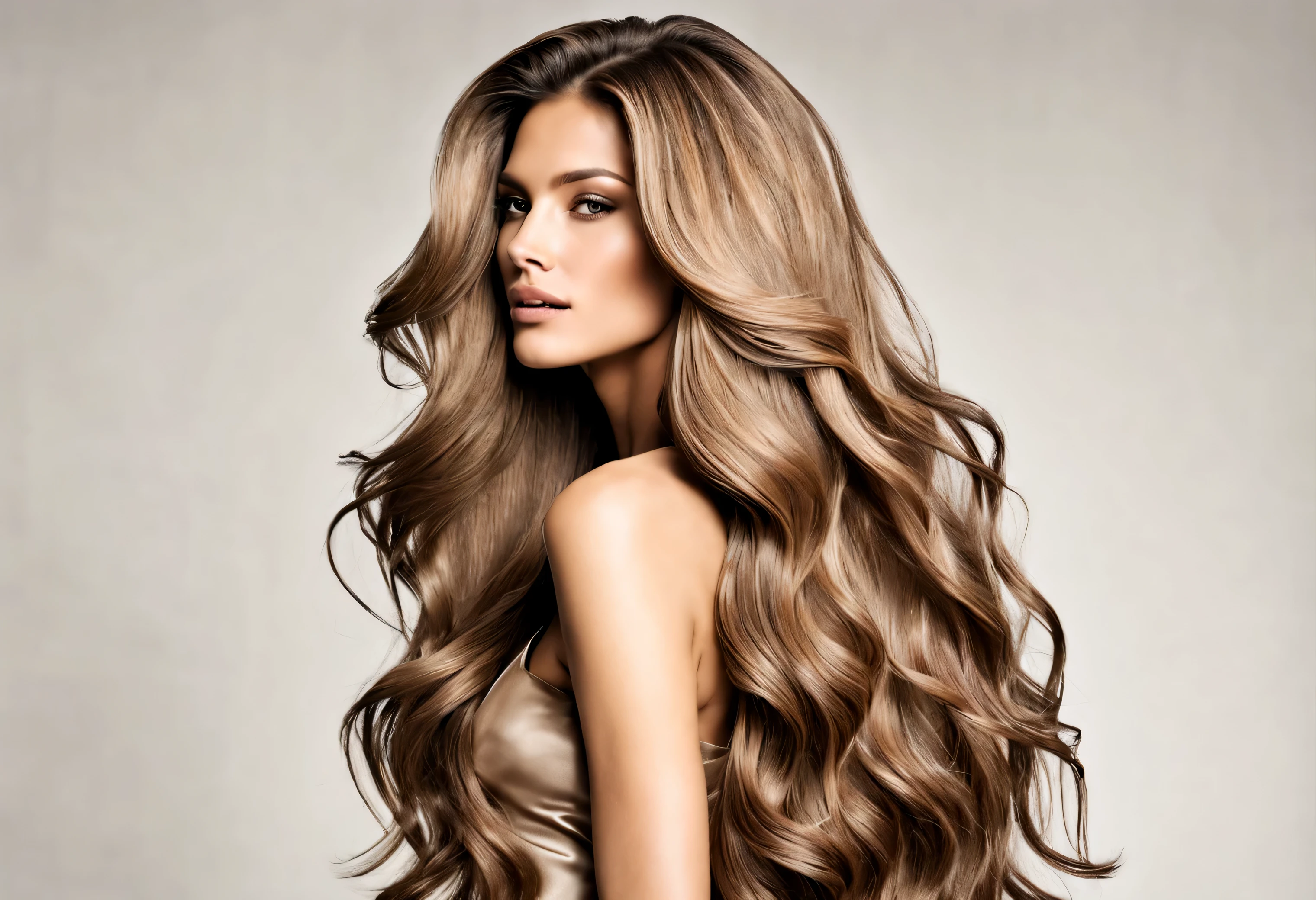 closeup shot from behind photograph of a tall high fashion supermodel for a beauty magazine cover. shes wearing natural earth tones colors attire for a hair salon advertisement. she has extra large big voluminous shiny bouncy long hair .(beautiful hair:1.3) (hair photography:1.3) neutral white background casual rmadanegative4_sd15 lineup BadDream