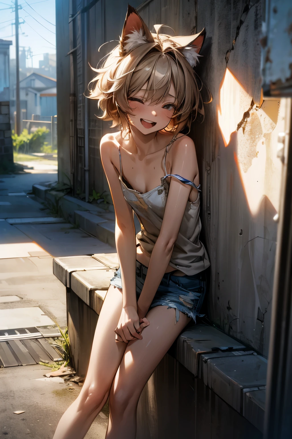 ((Masterpiece)), ((best quality)), 8K, cinematic lighting, (very messy hair), stooped posture, Forward leaning posture, (Leaning on concrete walls), exposed small breast, (badly tattered and torn camisole), (dirty white-camisole), Slender small breasts, open mouth, (laughing) slum townscape, Textured skin, cat ears, pale brown hair, Cute Beautiful girl, age ,