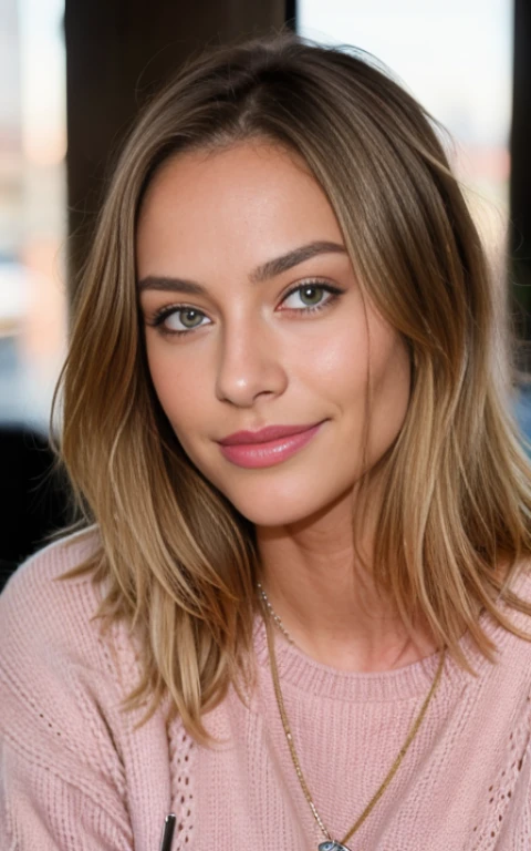 Beautiful blonde wearing pink sweater (Sipping coffee in a modern café at sunset), Sehr detailiert, 21 Jahre alt, Unschuldiges Gesicht, Natural wavy hair, blaue Augen, high resolution, Meisterwerk, best quality, Komplizierte Details, Sehr detailliert, scharfer Fokus, detaillierte Haut, realistisch skin Textur, Textur, detaillierte Augen, Fachmann, 4K, charming smile, mit Kanone gedreht, 85mm, shallow depth of field, Kodak Vision Farbe, perfectly fitting body, Extremely detailed, Foto_\(Ultra\), photorealistisch, realistisch, Nachbearbeitung, Maximale Detailgenauigkeit, Rauheit, wahres Leben, Ultra realistisch, Fotorealismus, Fotografie, 8K UHD, Fotografie, pornografie, ?????, huge, pussy sichtbar,