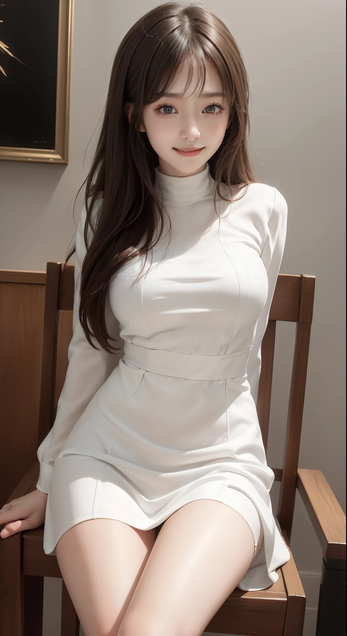 
{((highest quality、8K、masterpiece:1.3))}、{1 girl:18-year-old:(smile):Shining beautiful skin},{{White tight dress:1.1}}、{highly detailed face、detailed eye、double eyelid}、{slim face},{sitting in a chair:cross your legs},{Pussy},{put your hands behind your back}、{simple background},
