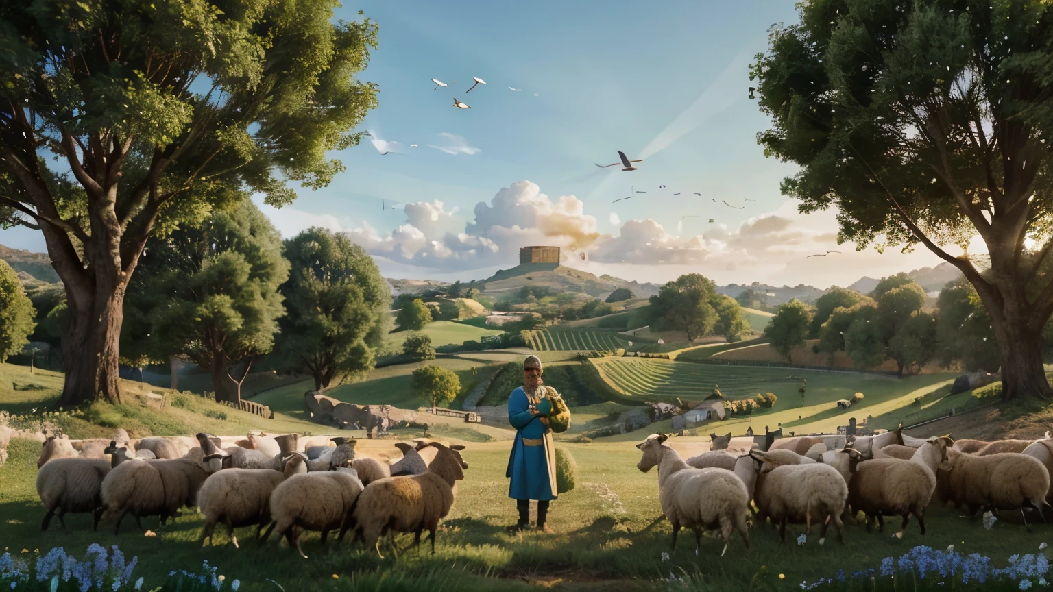 A peaceful green hill in Biblical times, where we see the young, smiling David lovingly tending his sheep under a serene blue sky. In the background, birds fly in a harmonious pattern, and a soft melody stands out, creating a welcoming atmosphere. The sun casts its golden rays over the scene, highlighting David's kindness and simplicity. High definition and Disney 3D style.