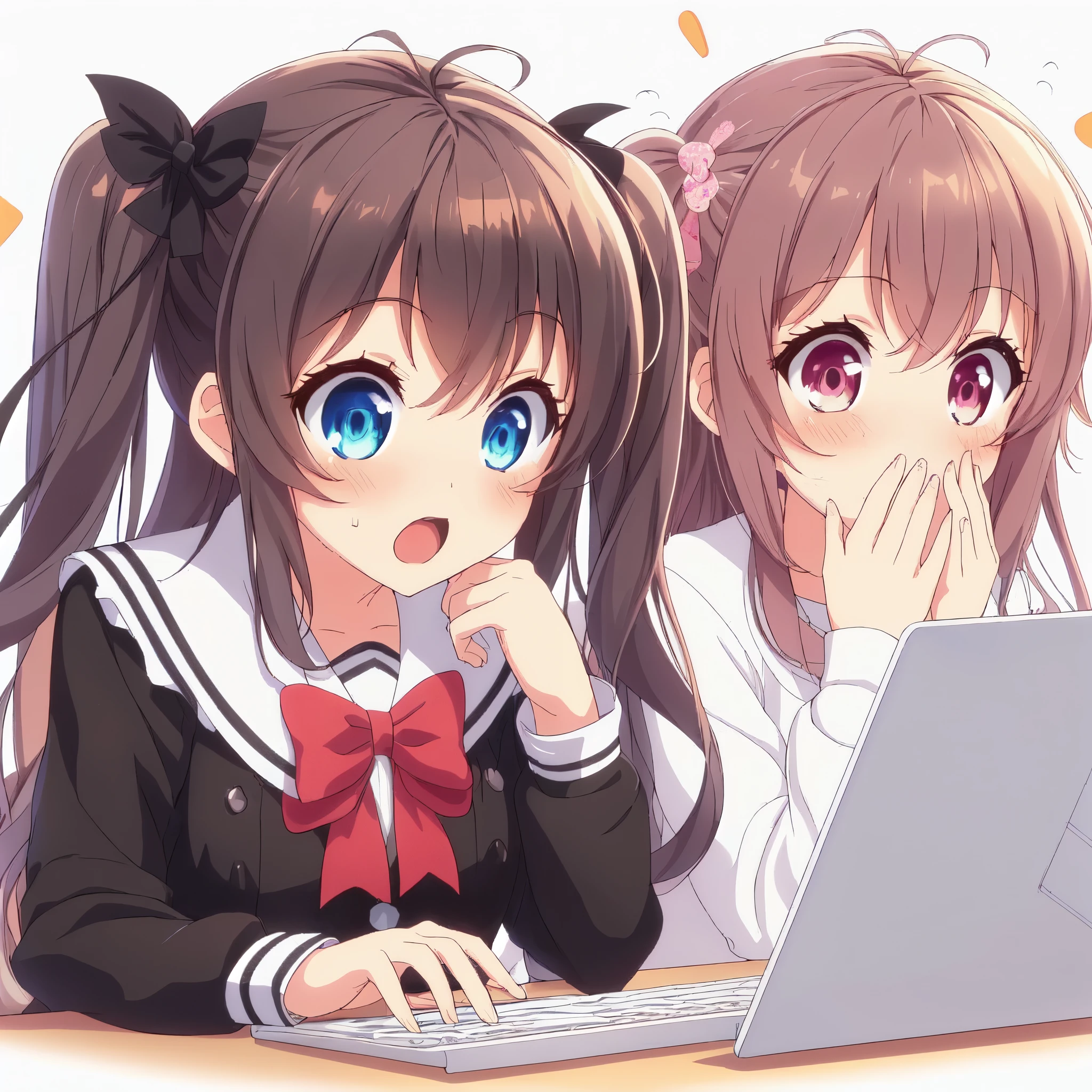 anime characters sitting at a table with a laptop computer, kantai collection style, anime moe artstyle, hololive, anime! 4 k, anime! 4k, anime-twitter, anime girls, visual novel cg, anime style 4 k, kawacy, cute anime, twintails, ecchi anime style, cute anime style, high quality anime artstyle