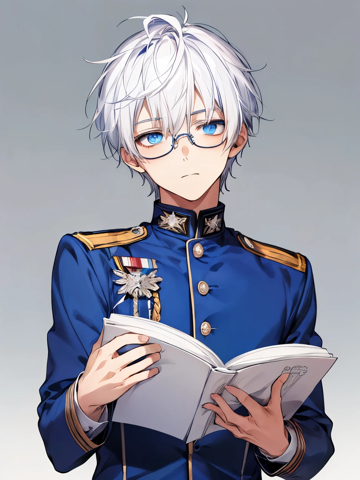 young male teenager, blue eyes, white hair, uniform, academy, studying, glasses, cool, staring boredly, bothered