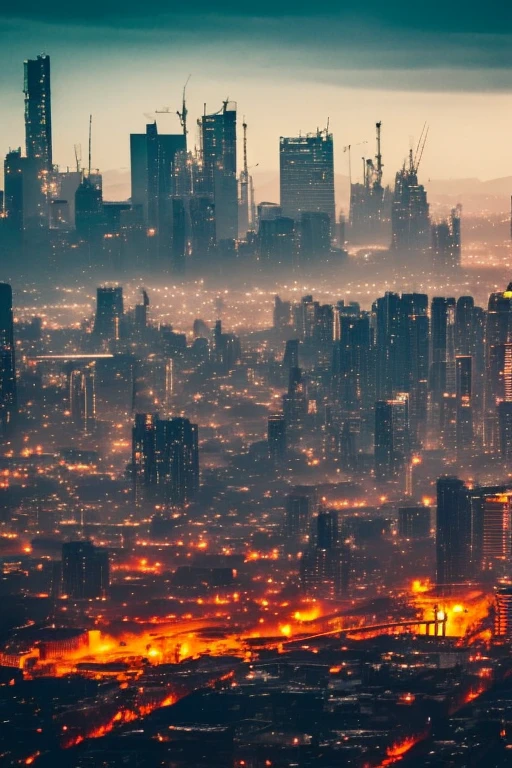 best quality,4k,highres,ultra-detailed,bleak,moody,menacing,ominous,robot uprising,industrial,desolate landscape,dystopian,mechanical chaos,futuristic,post-apocalyptic,dark shadows,gloomy atmosphere,ominous red glow,debris-filled streets,abandoned buildings,intricate machinery,sinister robots,mass destruction,wild sparks,flying drones,concrete jungle,broken technology,smoke-filled air,glowing circuitry,broken dreams,hauntingly beautiful,menace in the air,desperate resistance,flickering lights,bleeding sun,steel giants,giant robot armies,raging battle,cyberpunk,steampunk,chaotic energy,metallic roar,defiance against the machines,rebellion engulfing the world.