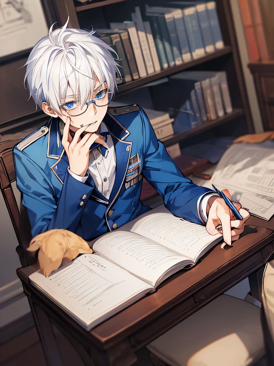 young male ager, blue eyes, white hair, uniform, academy, studying, glasses, cool, staring boredly, biting pen