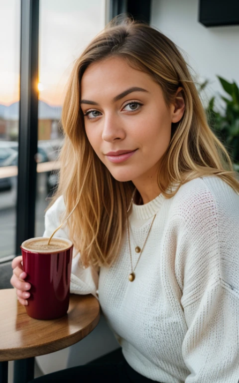 Beautiful blonde wearing pink sweater (Sipping coffee in a modern café at sunset), Sehr detailiert, 21 Jahre alt, Unschuldiges Gesicht, Natural wavy hair, blaue Augen, high resolution, Meisterwerk, best quality, Komplizierte Details, Sehr detailliert, scharfer Fokus, detaillierte Haut, realistisch skin Textur, Textur, detaillierte Augen, Fachmann, 4K, charming smile, mit Kanone gedreht, 85mm, shallow depth of field,  Kodak Vision Farbe, perfectly fitting body, Extremely detailed, Foto_\(Ultra\), photorealistisch, realistisch, Nachbearbeitung, Maximale Detailgenauigkeit, Rauheit, wahres Leben, Ultra realistisch, Fotorealismus, Fotografie, 8K UHD, Fotografie