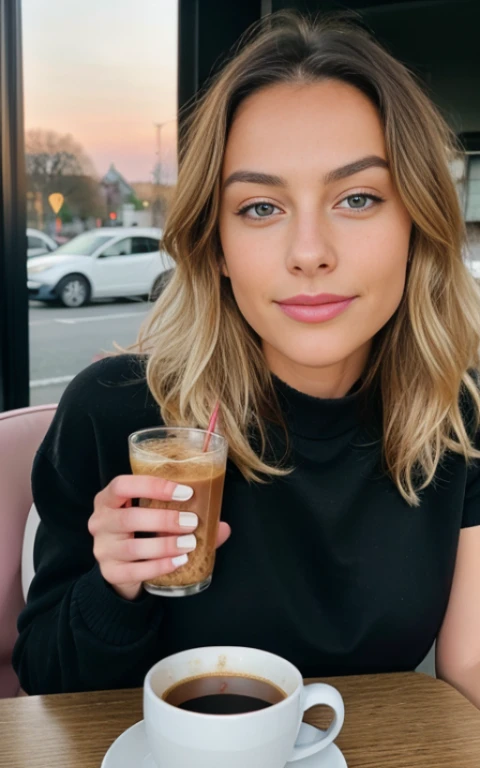 Beautiful blonde wearing pink sweater (Sipping coffee in a modern café at sunset), Sehr detailiert, 21 Jahre alt, Unschuldiges Gesicht, Natural wavy hair, blaue Augen, high resolution, Meisterwerk, best quality, Komplizierte Details, Sehr detailliert, scharfer Fokus, detaillierte Haut, realistisch skin Textur, Textur, detaillierte Augen, Fachmann, 4K, charming smile, mit Kanone gedreht, 85mm, shallow depth of field, Kodak Vision Farbe, perfectly fitting body, Extremely detailed, Foto_\(Ultra\), photorealistisch, realistisch, Nachbearbeitung, Maximale Detailgenauigkeit, Rauheit, wahres Leben, Ultra realistisch, Fotorealismus, Fotografie, 8K UHD, Fotografie