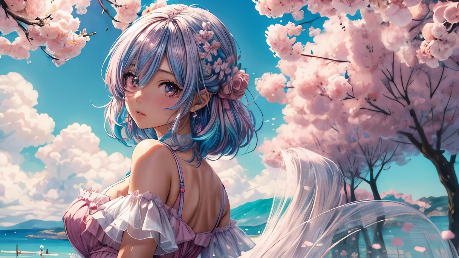 Anime girl with blue hair and a pink dress standing in front of a tree ...