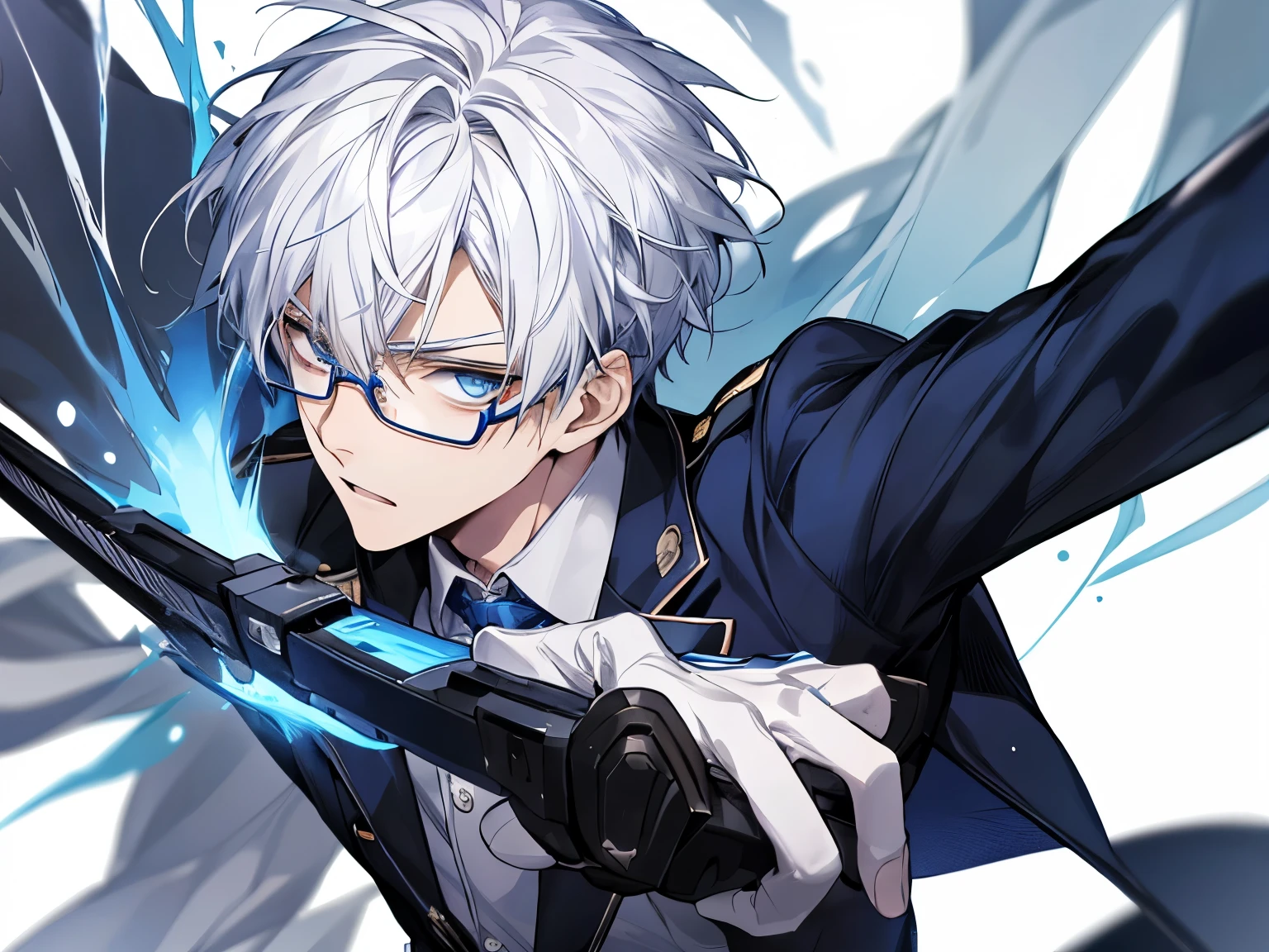 young male teenager, blue eyes, white hair, uniform, academy, weapon, glasses, cool, staring boredly, combat