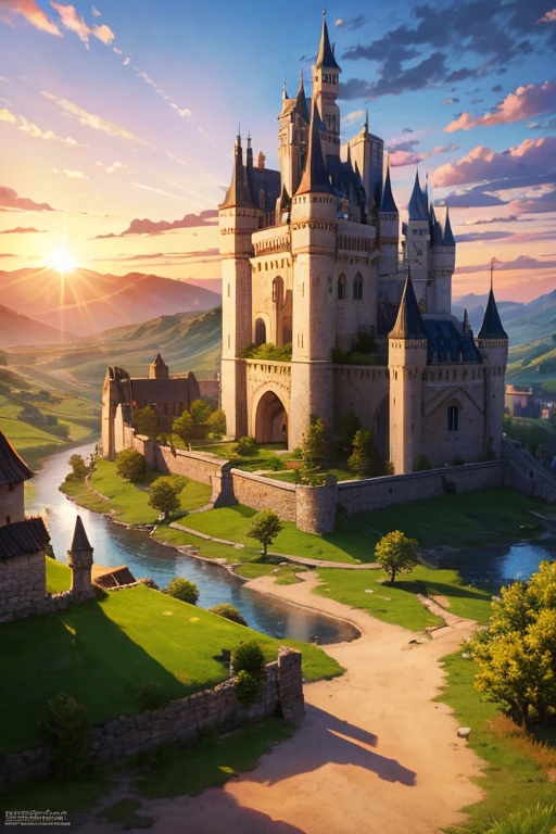 make a background image for a medieval video game with a village and a castle in the background at the time of sunrise